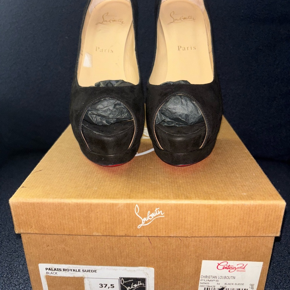 Christian Louboutin Black Suede Peep-Toe Heels